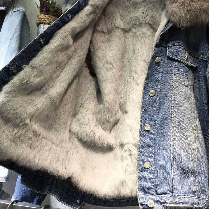 Loose Winter Rabbit Fur Liner Denim Jacket Women Streetwear Brand Casual Fur Collar Thick Warm Coat Single Breasted Outerwear