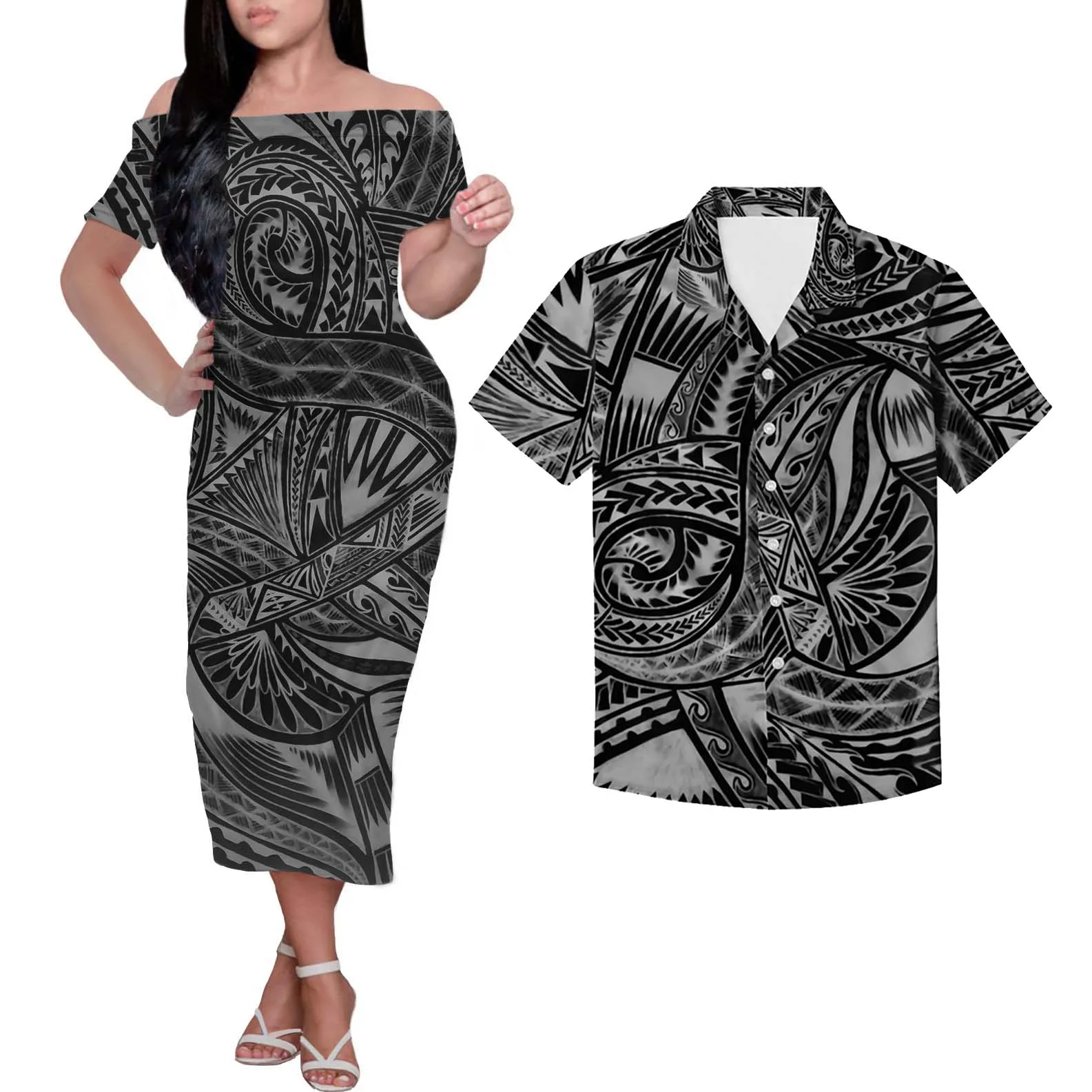 HYCOOL Polynesian Tribal Tattoos Print Red Long Dress Sexy Sleeveless Evening Gowns Couple Bodycon Maxi Dresses Match Men Shirts