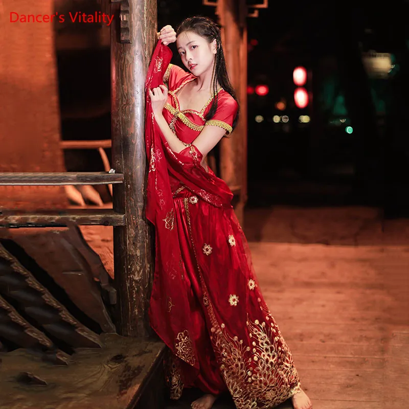 Belly Dance Suit Short Sleeve Top Embroidered Pants Indian Dancewear Female Trousers Performance Oriental Clothing Set Cosplay