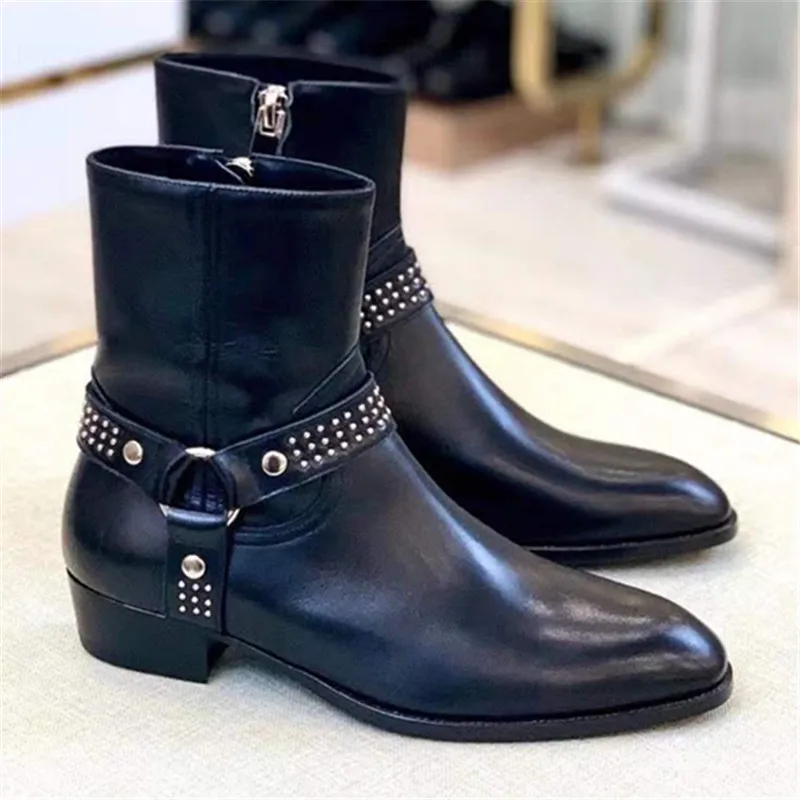 

Black& Street New Designer simple style genuine Leather rivet nail bucket Strap handmade wedge Chelsea Boots