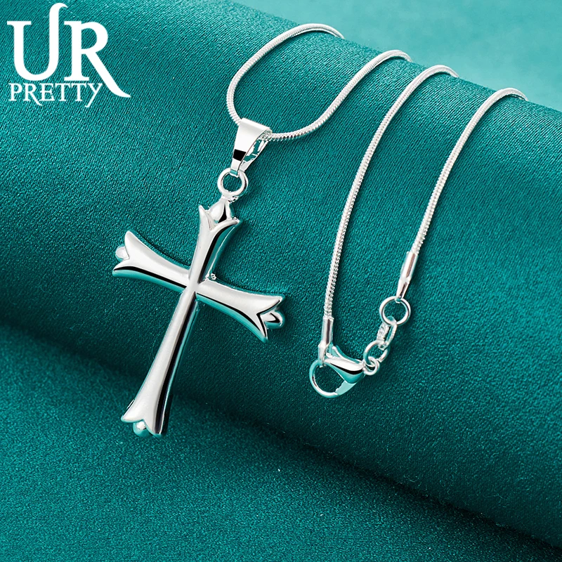 URPRETTY 925 Sterling Silver Cross Pendant Necklace 16/18/20/22/24/26/28/30 Inch Snake Chain For Woman Party Wedding Jewelry