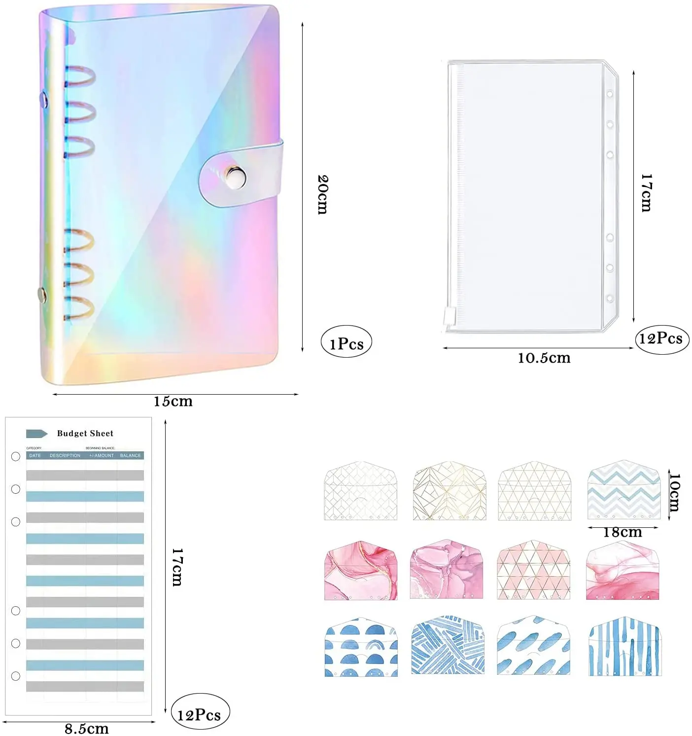 A6 Rainbow PVC Binder Notebook Cash Envelope Organizer, with 12 Pack Binder Pockets ,12 Expense Budget Sheet & Label Stickers