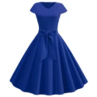 Women Summer Vintage Dress With Belt Short Sleeve V neck Elegant Retro Swing Party Dresses - Image 6