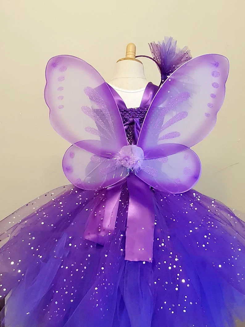 Girls Purple Butterfly Flower Tutu Dress Kids Glitter Tulle Dress Ball Gown with Wing Children Birthday Party Costume Dresses