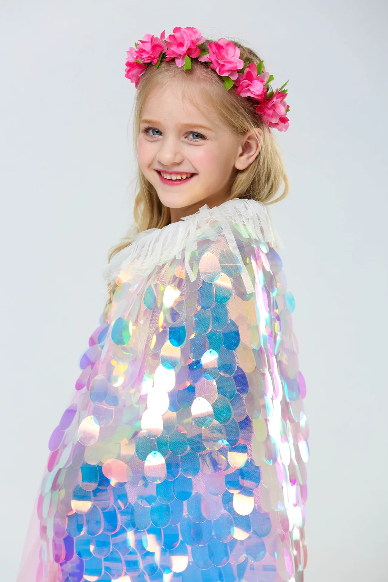 New Little Mermaid Princess Girls Sequins Cape Cloak for Beach Party Clothes Children Rainbow Shawl Cosplay Christmas Wear