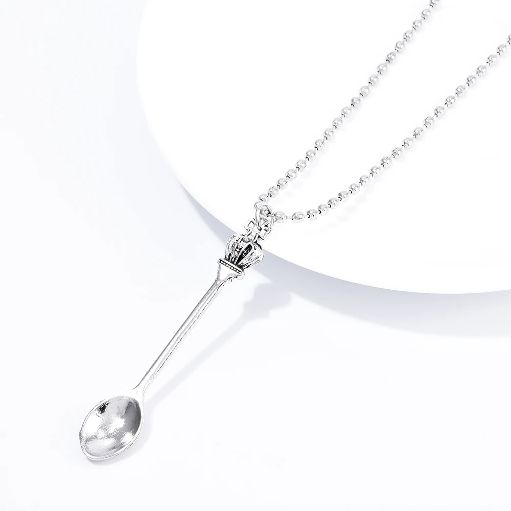 Fashion Women Men Crown Mini Tea Spoon Shape Pendant Long Chain Necklace Sweater Metal Chain Necklace Jewelry