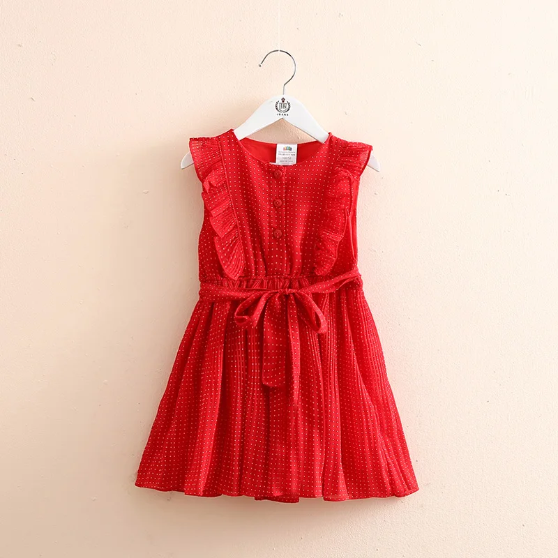 2022 Summer 3 4 5 6 7 8 9 10 12 Years Children Button Dot Belt Sleeveless Red Cotton Lining Chiffon Dress For Kids Baby Girl