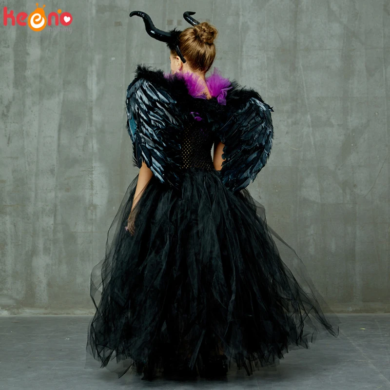 Evil Queen Black Gown Tutu Dress with Deluxe Horns and Wings Girls Villain Fancy Dress Kids Halloween Cosplay Witch Costume
