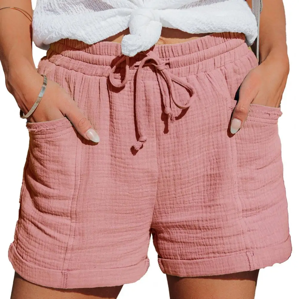 Shorts feminino com bolsos cintura alta algodão, calção de mulher com bolsos de cintura elástica folgada, jeans casual na moda