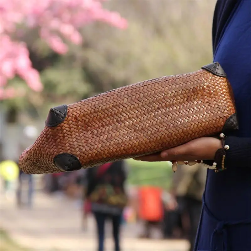 Bolsa estilo chinês original com canudo artesanal antigo, bolsa de rattan com alça de madeira retrô a6115 34x16cm