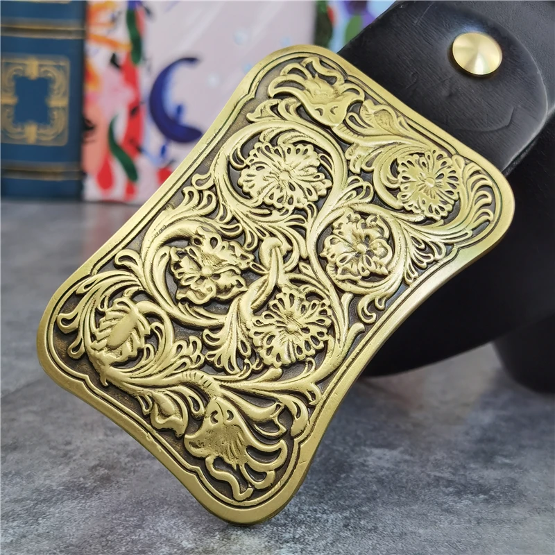 Luxury Carving Flower Brass Belt Buckle Men's Belt Ceinture Top Thick Geunine Leather Belt For Men Wide Trouser Belt Men MBT0031