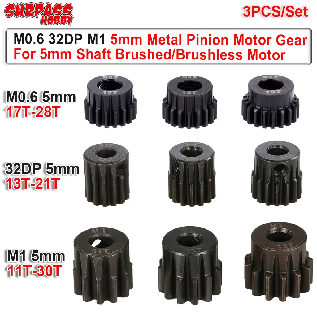 3 PCS/Set M0.6 32DP M1 5mm 11T-30T Metal Motor Pinion Gear For 5mm Brushed Brushless Motor 1/8 RC Car Parts