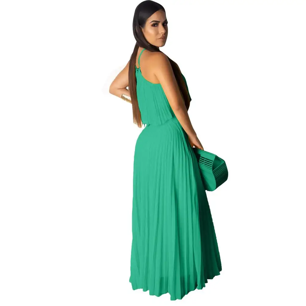 Nieuwste Ontwerp Geel Pleats Vrouwen Twee Stukken Jurk Sets Zomer Halter Hals Mouwloos Korte Top Floor Lengte Casual Dress