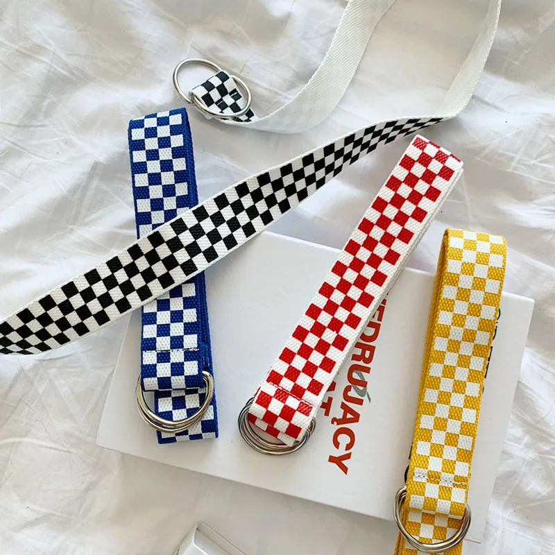 Casual Checkerboard Canvas Belt Black White Plaid D Ring Double Buckle Long Waist Strap Student Teenager Men Women Jeans Belts