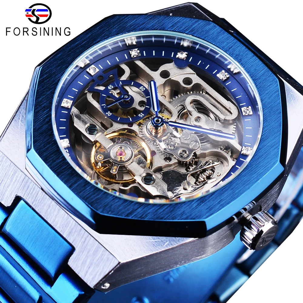 Forsining Silver Mens Watches Top Brand Luxury Automatic Mechanical Stainless Blue Fashion Skeleton Waterproof Business Clock