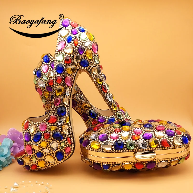 BaoYaFang High Heeled Open Toe Multicolored Crystal wedding shoes Woman High heels Platform shoes and bags set Thin High Pumps