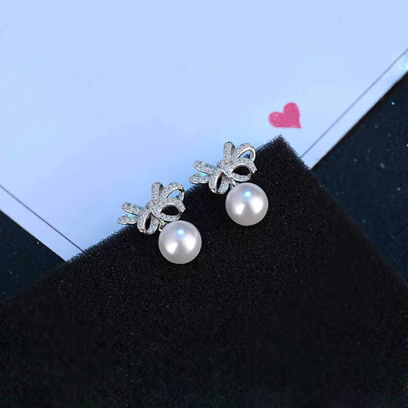 New Fashion Rosette Rhinestone Drop Earrings 925 Sterling Silver Bowknot Pearl Pendant Earring Charm Ear Stud Women Jewelry Gift