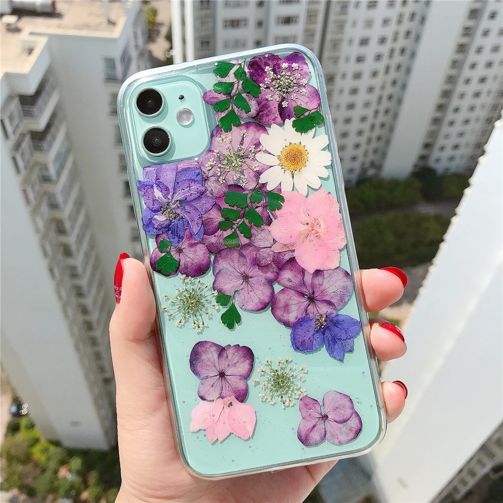 

Silicone Transparent Real Dried flowers Phone Case For iPhone 15ProMax 14 Plus 12 mini 13 11 X Back Cover Anti-fall All-enclosed