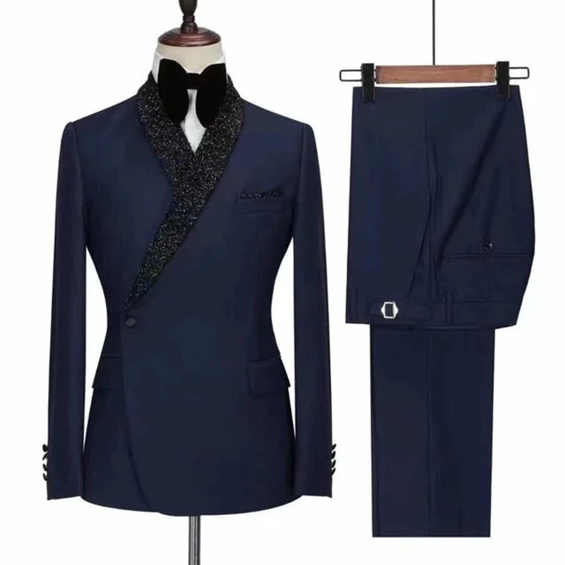 

Costume Homme Navy Blue Men Suits Double Breasted Black Lapel Wedding Groom Tuxedo Terno Masculino Slim Fit Prom Blazer 2 Pieces