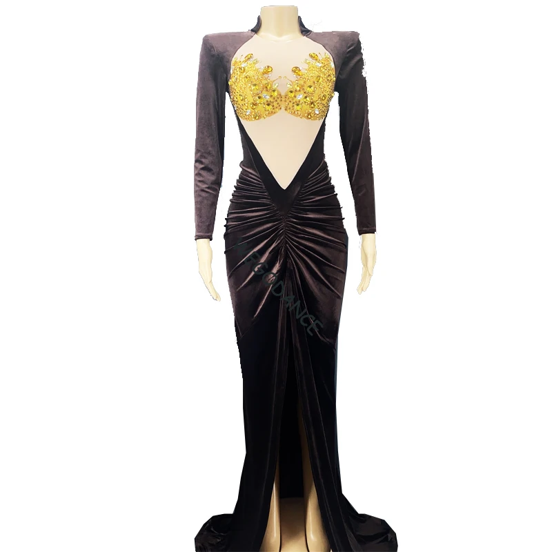 Sexy Women Velvet Floor Length Dresses Prom Long Sleeve Crystal Rhinestones Costume