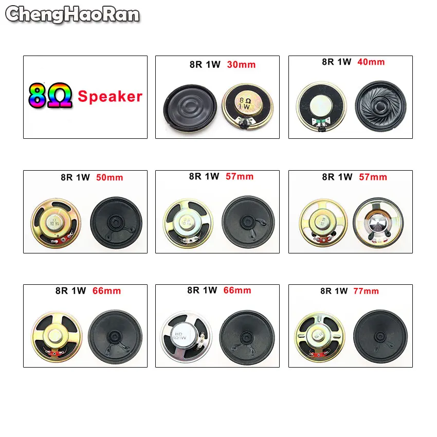 ChengHaoRan 1Piece 8R 1W Speaker 8 Ohm 1W 30mm 40mm 50mm 57mm 66mm 77mm Diameter Waterproof Loudspeaker Loud Speaker