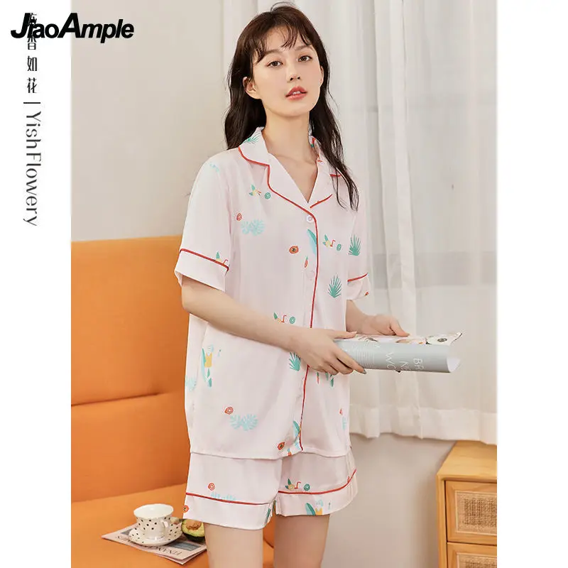 Pajamas Women Summer Ice Silk Thin Short-Sleeved Shorts Pijamas Two-piece Female Cute Sleepwear Set Sexy Home Clothes Suit