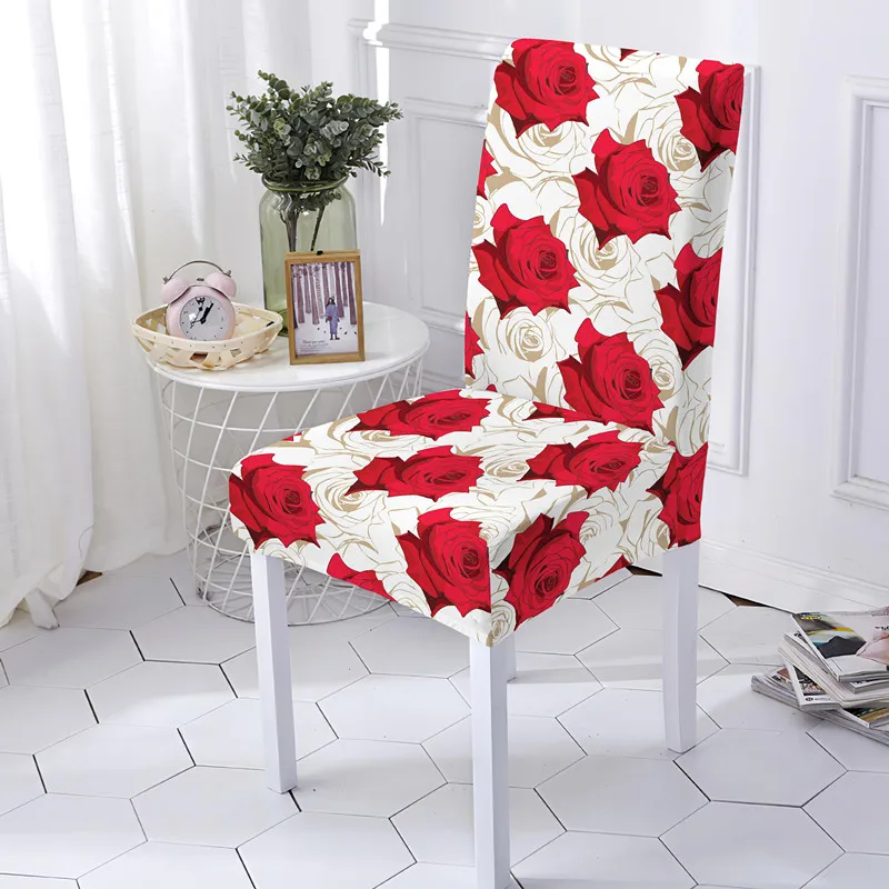 Red Rose Elastic Chair Cover Dust Proof Office Seat Covers Case Flowers Print For Kitchen Banquet Living Room Decoration