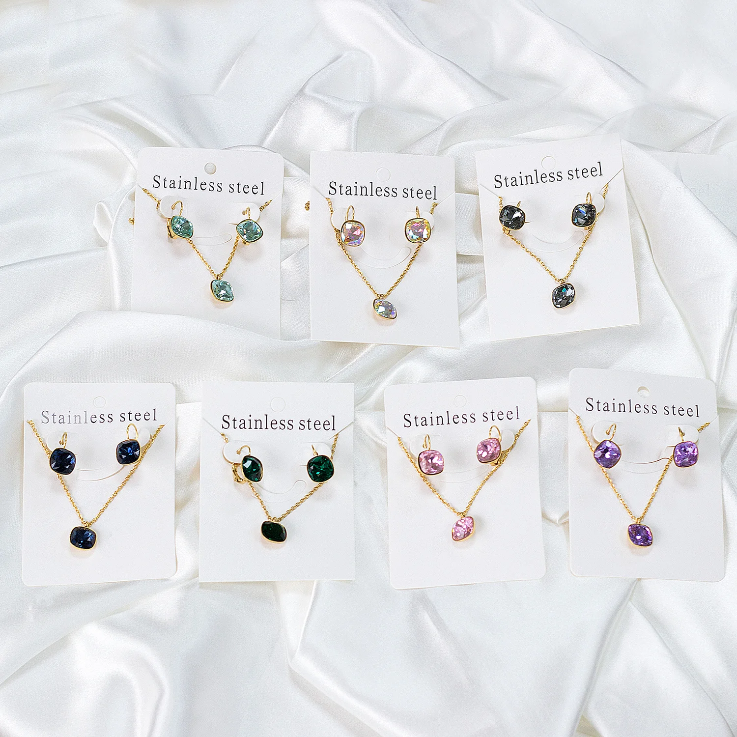 Square Multiple Color Crystal Pendant Necklace Earrings Set Stainless Steel Jewelry Set For Women Party Gift Jewelry Wholesale