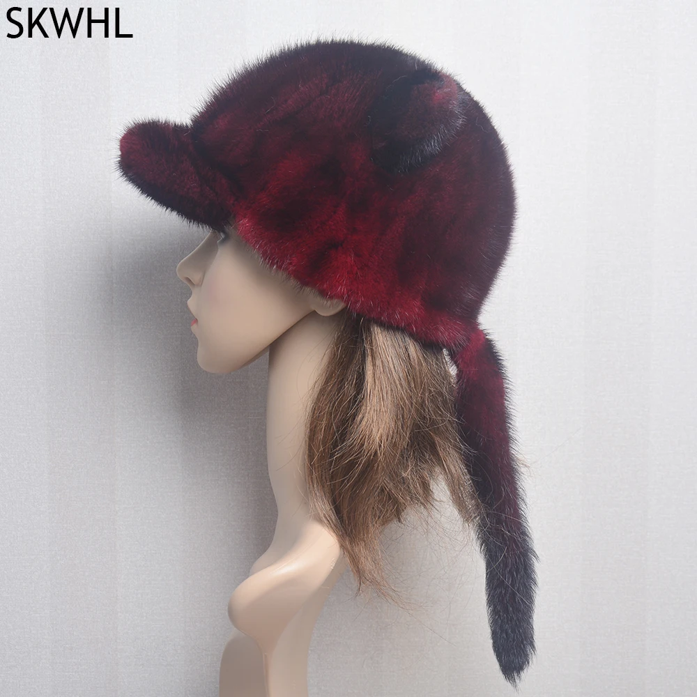 

Women Winter Real Mink Fur Hats Russian Female Fur Hat With Ears Knit Beanie With Pom Poms Newsboy Caps Ladies High Elastic Hat