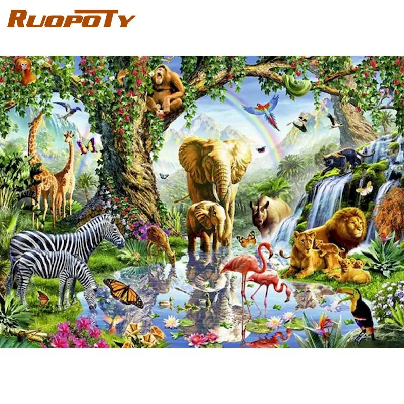 RUOPOTY 5D Diamond Painting Forest Animals Full Round Diamond Mosaic Landscape Diamond Embroidery Sale Spring Scenery