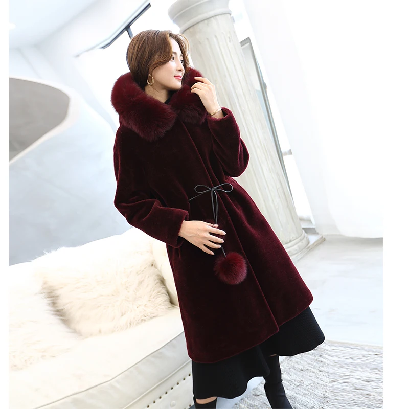 

Fur Sheep Sheared Real Nature Wool Coat Women Fox Fur Collar Hooded Long Pink Winter Jacket Casacas Para Mujer KJ541