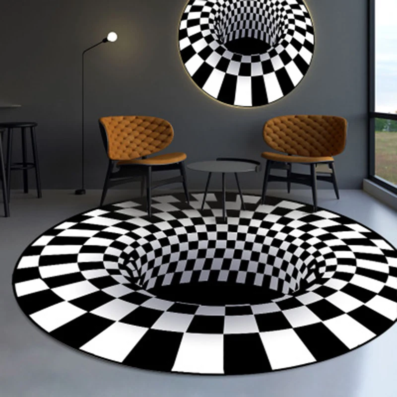 RULDGEE Alfombra 3D Three-dimensional Black and White Stereo Vision Carpet Livingroom Sofa Tea Table Antiskid Circular Illusion