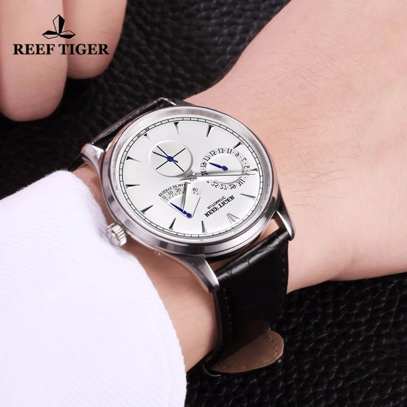 Reef Tiger/RT Elegant Men Power Reserve Watch Complete Calendar Small Seconds Steel Automatic Mechanical Watch Business Clock