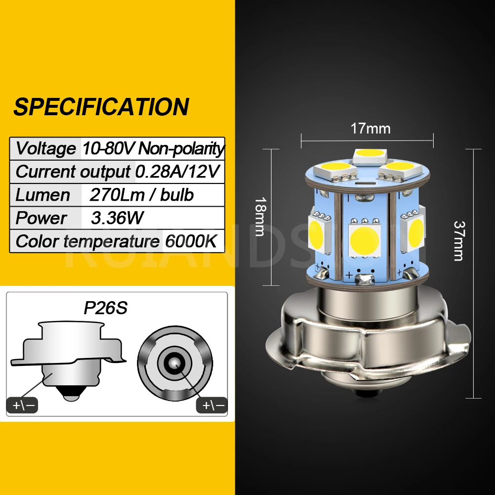 RUIANDSION P26S Motorcycle Headlight Led Bulb  Driving Lights Motorbike Moto Bike Headlamp Lamp Bulb 3W 720LM 6000K White 10-80V