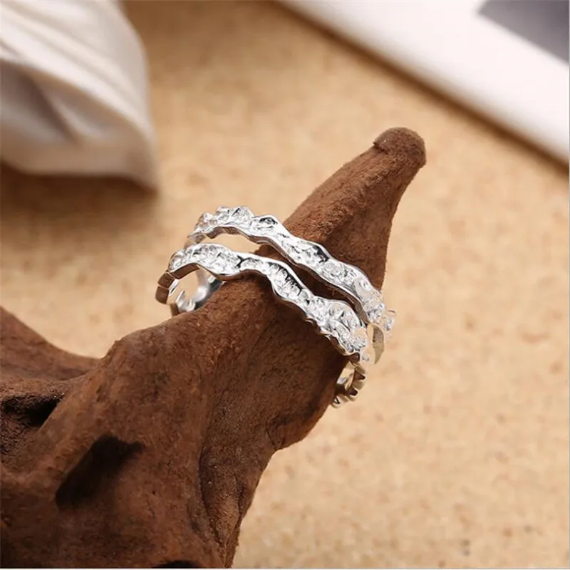 New Personality Double-layer Wave 925 Sterling Silver Jewelry Simple And Creative Texture Concave-convex Opening Rings TYB429