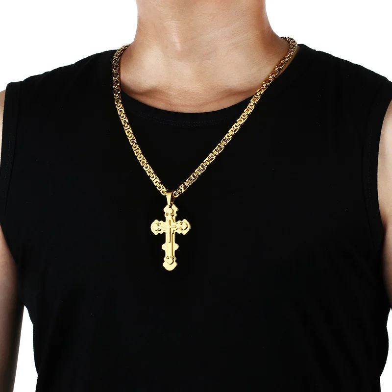 Multilayed Rivet Cross Pendant Necklace Stainless Steel Church Link Chain Necklace for Men Orthodox Prayer Jewelry Gift