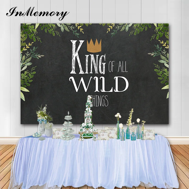 

InMemory Wild Jungle Party Photography Backdrops Boy 1st Birthday Background Blackboard Crown Photo Booth Props Vinyl Banner