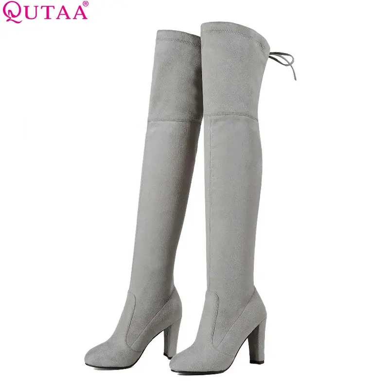 QUTAA 2020 Women Over The Knee Boots Sexy PU leather Square High Heel Women Shoes Winter Warm Motorcycle Boots Size 34-43