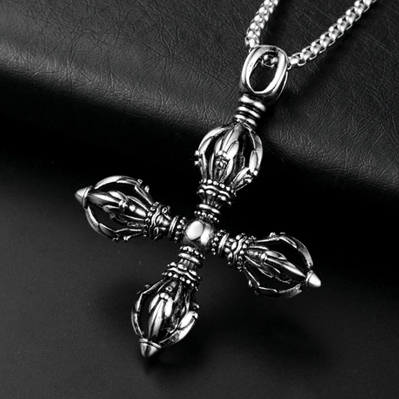 Punk Stainless Steel Mantra Vajra Jiang Mochu Pendant Necklace for Men Buddhist jewelry