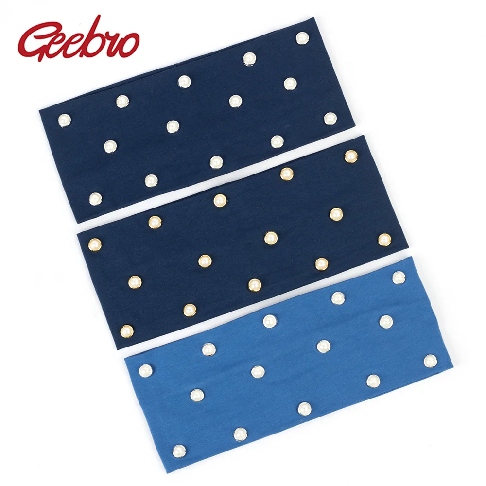 Geebro New Fashion Summer Headband For Women Gold Silver Pearl Cotton Girls Hairband Solid Color Flat Headwear Hair Accessories