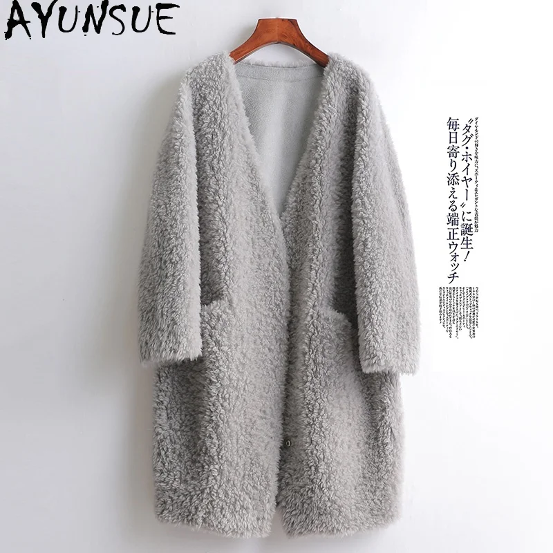 

AYUNSUE 100% Sheep Shearing Jacket Women's Real Fur Coat Famale Winter Wool Jacket V-neck Casual Outwear Veste Femme SQQ1122