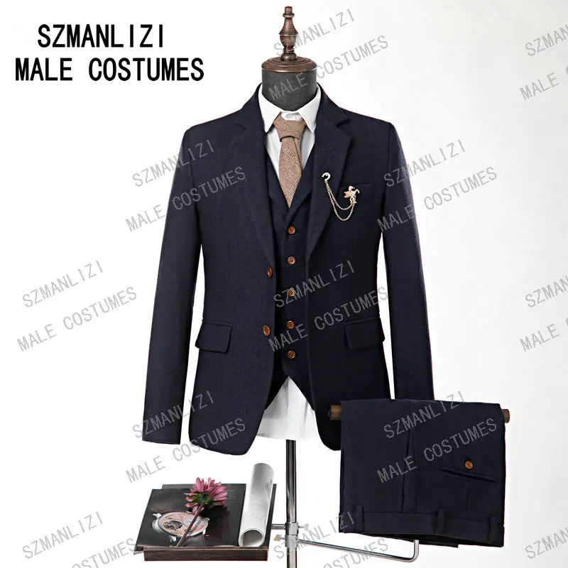 

JELTONEWIN Navy Blue Wool Herringbone Tailor Slim Fit Wedding Suits For Men Retro Gentleman Style Custom Made Mens 3 Piece Suit