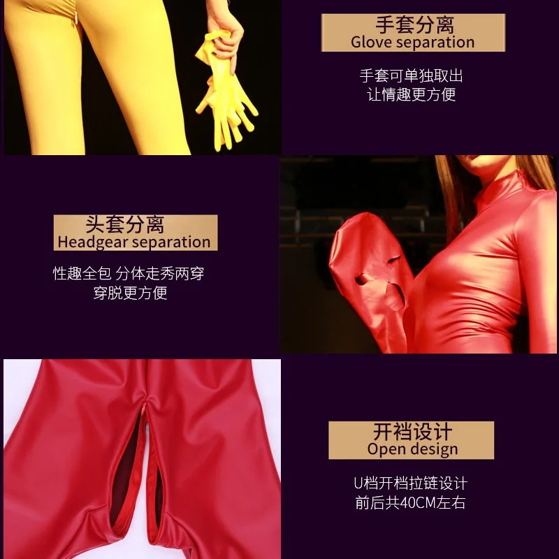 Faux PU Leather 3pcs/Set Bodysuit Hoods Glove Body Shaping Overalls Zentai Womens Zip Open Crotch Jumpsuit Cosplay Stage Rompers