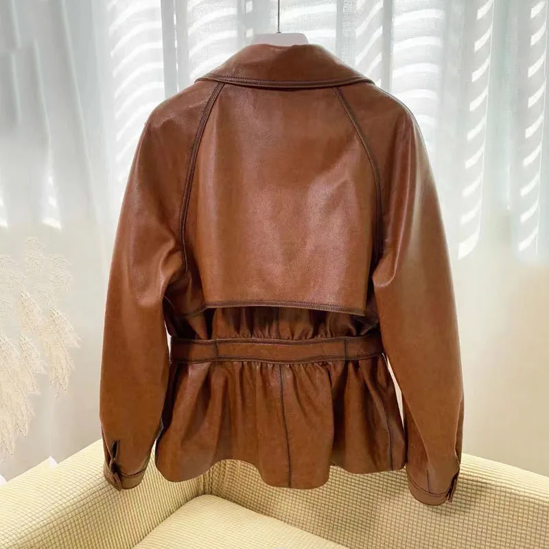 Genuine Leather Jacket Women Coat Spring 2024 New Arrival Real Sheepskin Brown Color Collect Waist Style Turn-Down Collar