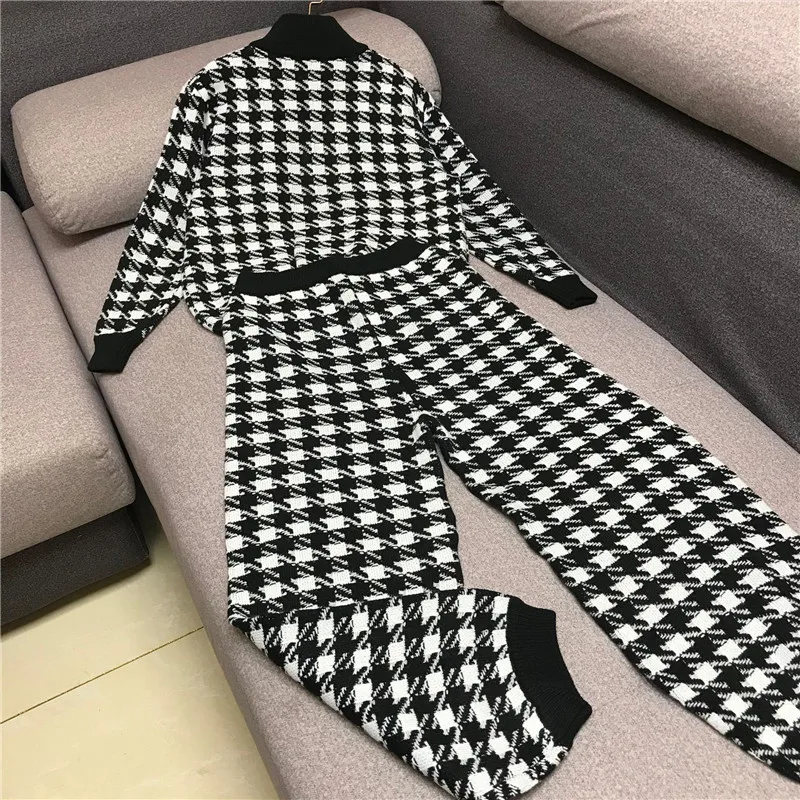 High Quality Suit Women Retro Black And White Contrast Color Houndstooth Cardigan Jacket Fashion Wide Leg Pants Two-Piece Suit