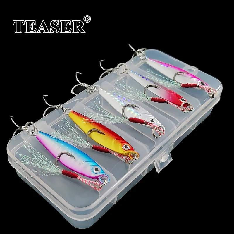 TEASER 7g-30g Micro Metal Jig Kit Artificial Slow Sinking Shore Casting Jigging Lure BKK Assist Fishing Hook Saltwater Pesca Jig