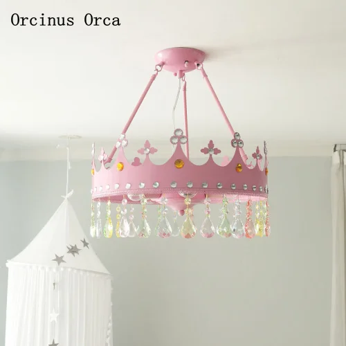 Crown iron American children's room chandelier girl boy's bedroom cartoon creative pink Crown Crystal Chandelier