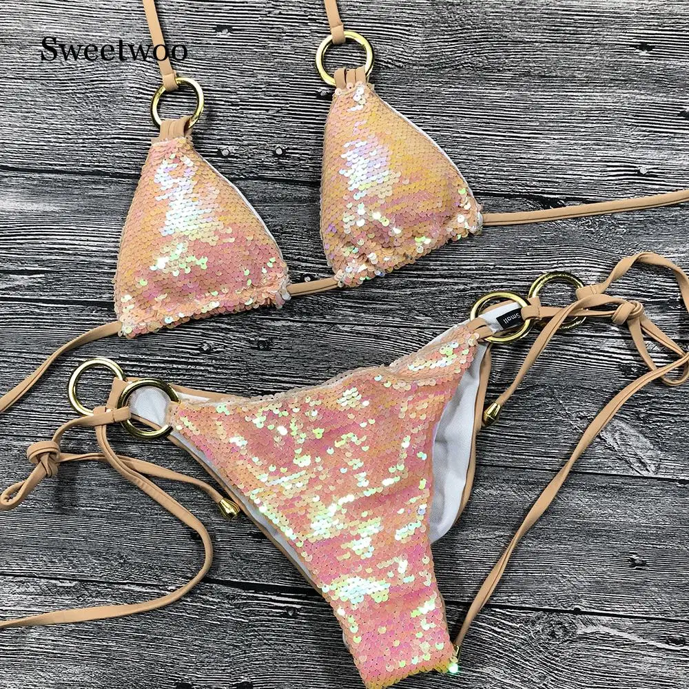 Bikini liso con cuello Halter para mujer, traje de baño Sexy, conjunto de Bikini con lentejuelas ostentosas, ropa de playa, Monokini con purpurina