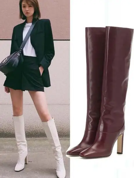 Woman Black Burgundy White Brown Leather 9 cm Square Heels Knee High Boots Square Toe Slip On Tube Long High Top Boots Shoes