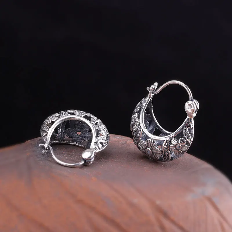 S925 Sterling Silver Clips Earrings for Women Hollow Flowers Basket Pattern Clips Drop Pure Argentum Jewelry